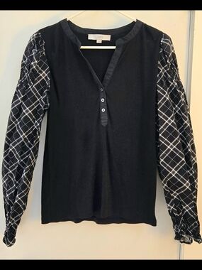 LOFT Black Top with Plaid Balloon Sleeves